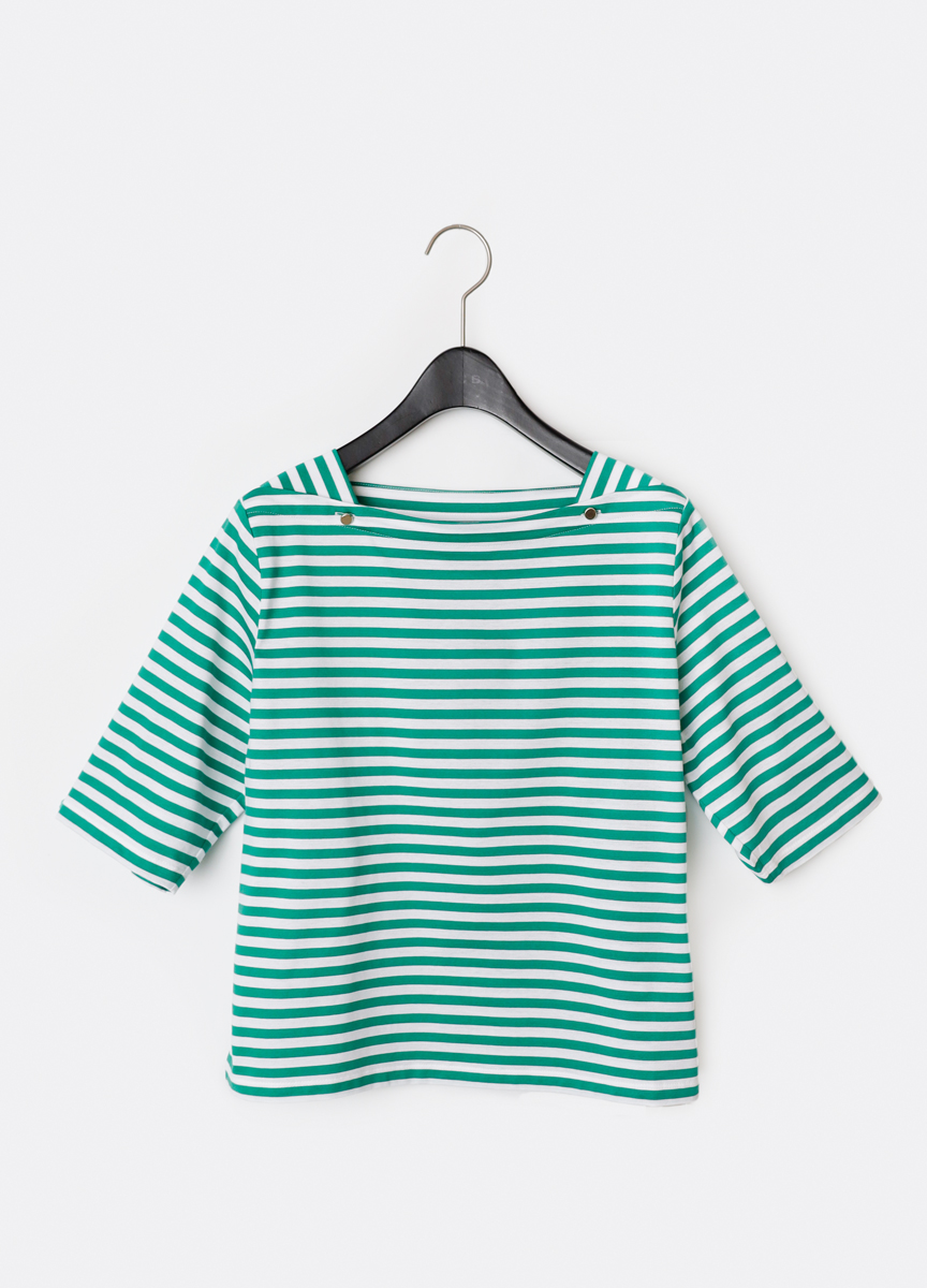 條紋金釦設計領短袖棉衫